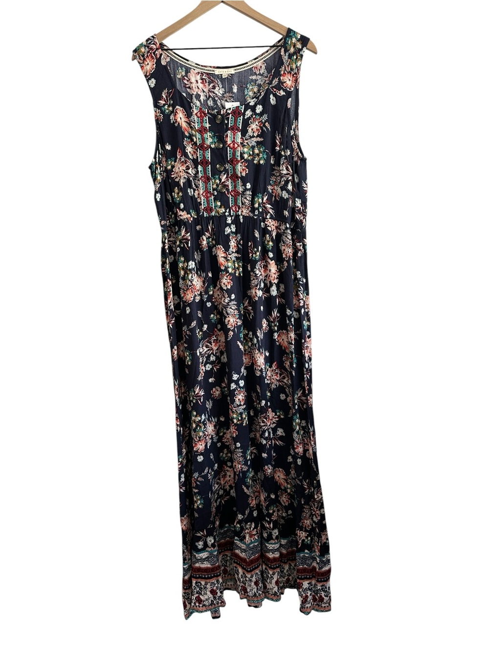 Kate & Sam Dress XL Blue Floral Maxi Embroidered Sleeveless Boho Cottagecore New